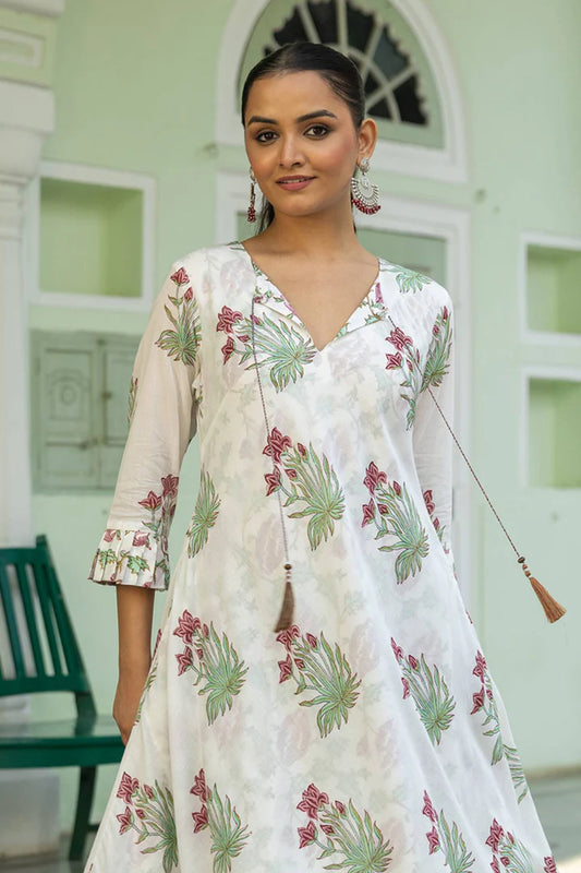 Elegant Double-Layered Mul Handblock Boota & Jaal Print Bias-Cut Dress