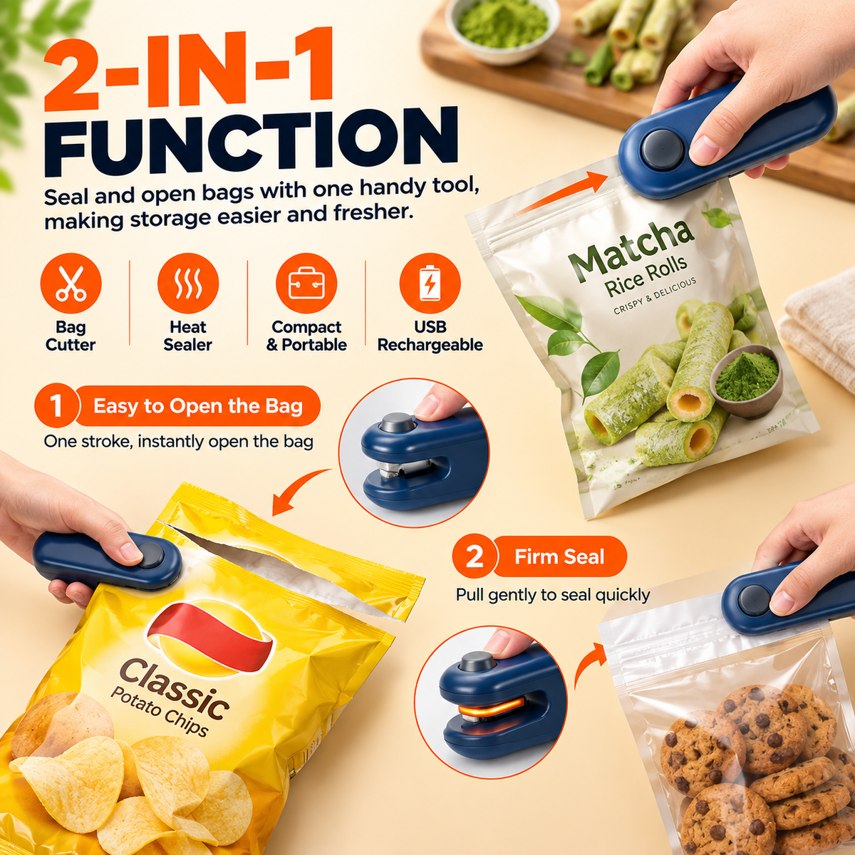 2-in-1 USB Rechargeable Mini Bag Sealing Machine | Heat Sealer & Cutter